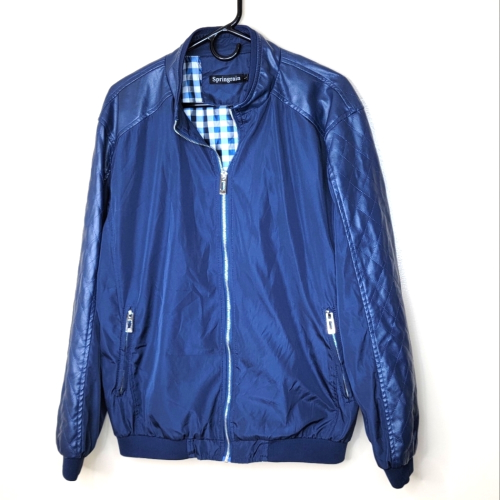 Springrain Jacket Royal Blue Zip Faux Leather Bomber Jacket Men's Size Large